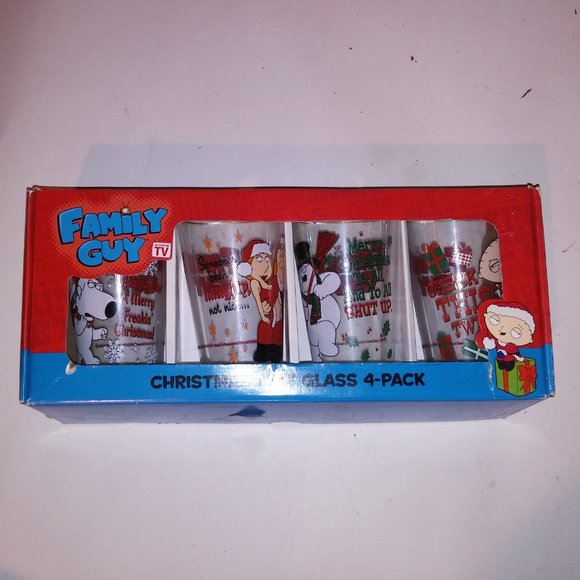 Family Guy Christmas Pint Glass 4 Pack Set Cartoon Gift Stewie 6" Tall Preowned - Picture 3 of 10
